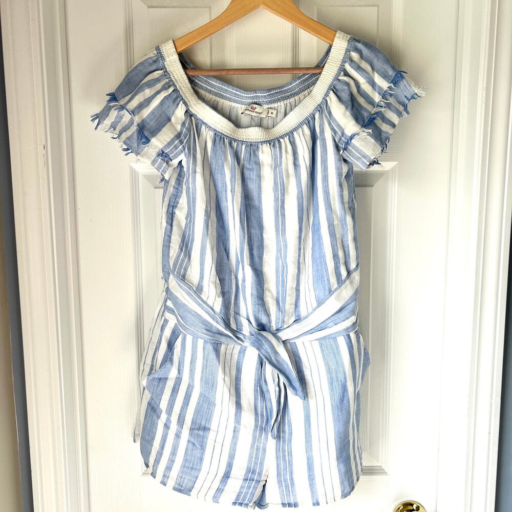 Vineyard Vines Off the Shoulder Striped Romper medium blue white